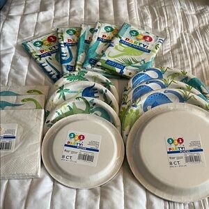 3-2-1 Party! Dinosaur Paper Plates & Napkins - Blue & Green